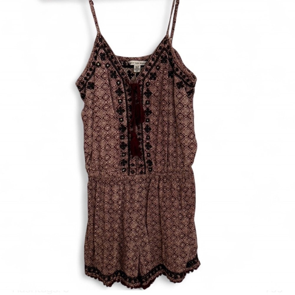 American Eagle Outfitters Maroon and Black Patterned boho romper